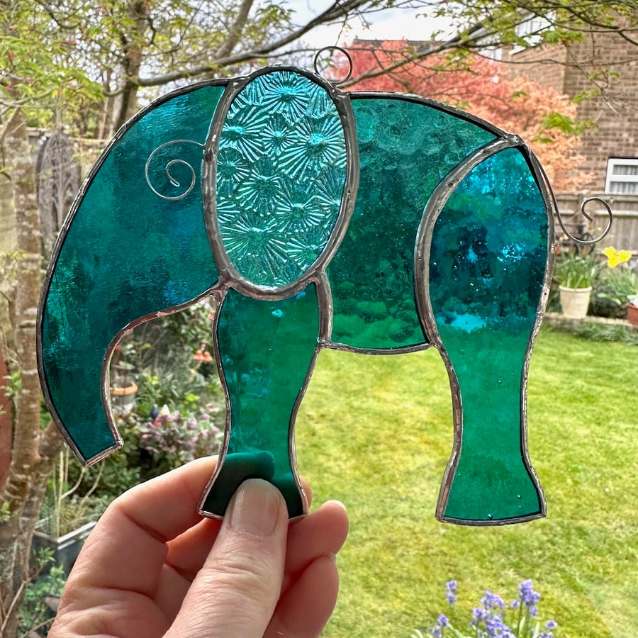 Stained Glass Large Elephant Suncatchers - Handmade Hanging Decoration - Turquoi