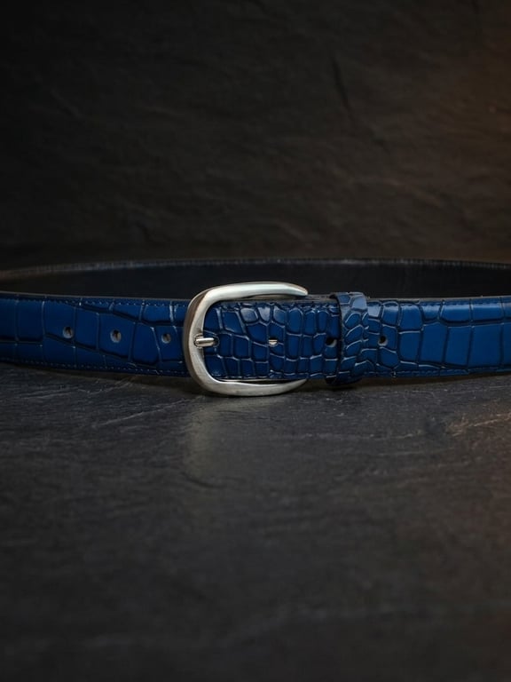 Cobalt Blue Full Grain Crocodile Leather Belt Silver Buckle Mens Belt 38mm