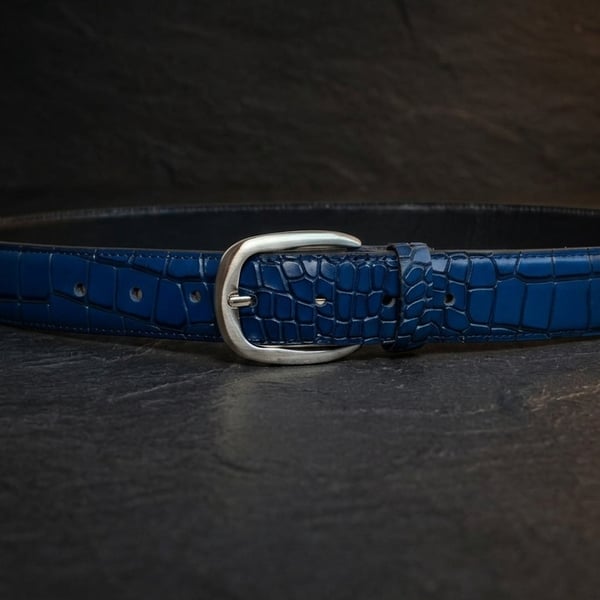 Cobalt Blue Full Grain Crocodile Leather Belt Silver Buckle Mens Belt 38mm