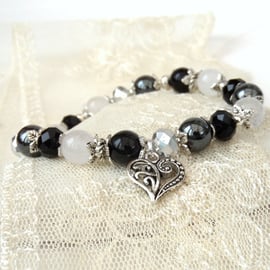 Stretchy monochrome gemstone & crystal bracelet, with heart charm