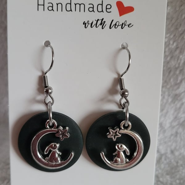 Rabbit in the Moon Polymer Clay Earrings.  316 Surgical Stainless Steel
