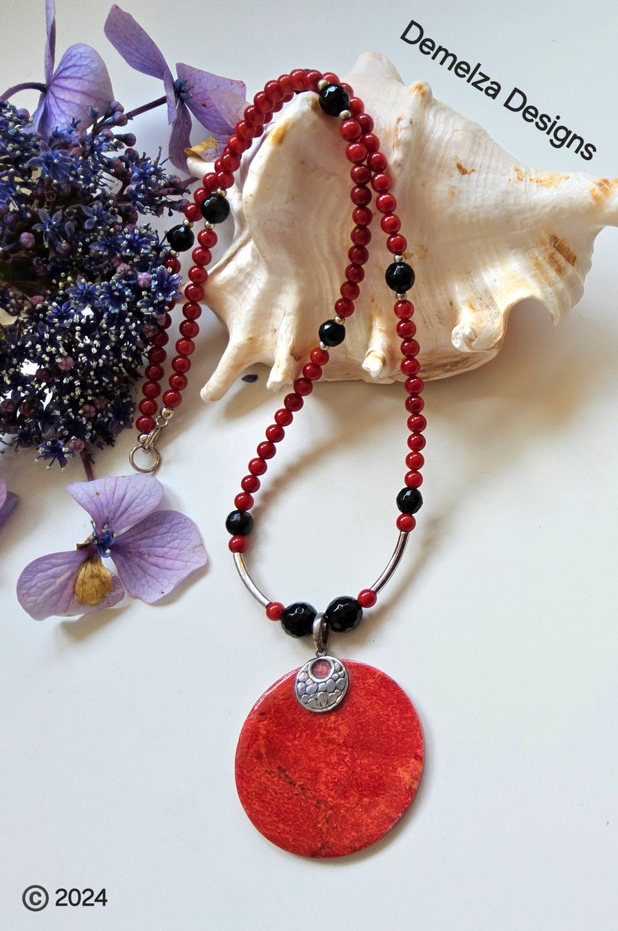 Designer Eco Red Coral & Black Onyx Sterling Silver  Necklace