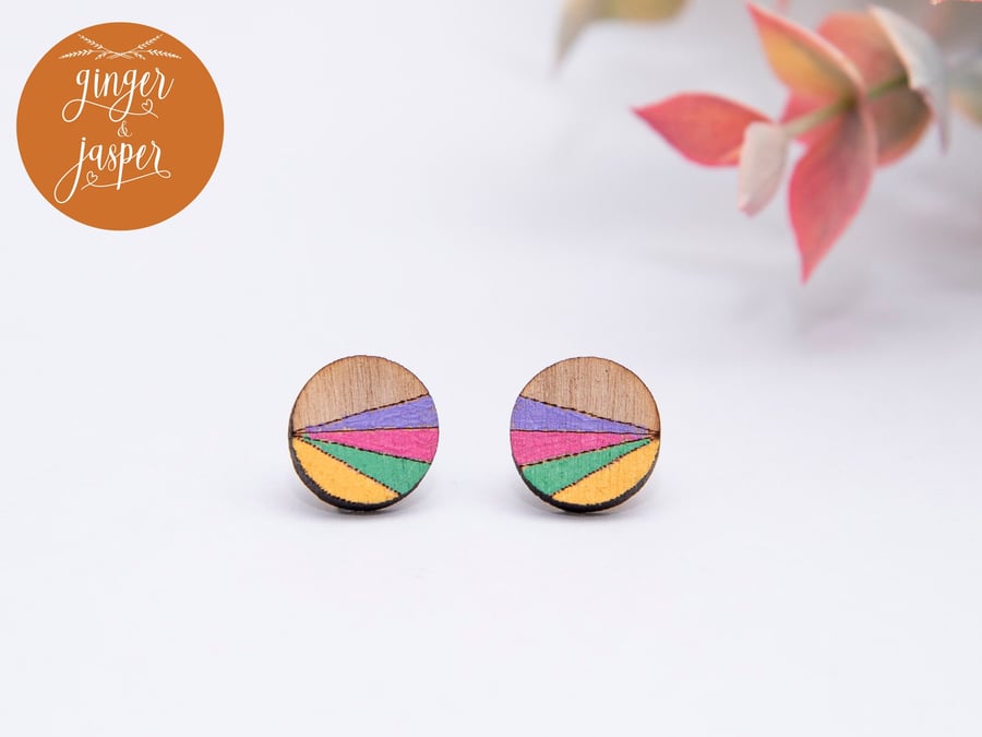 Hand Painted Wooden Earrings, Bright Colourful Wood Studs, Painted Wooden Studs