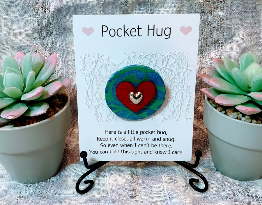 Pocket Hug Wood Heart Badge.
