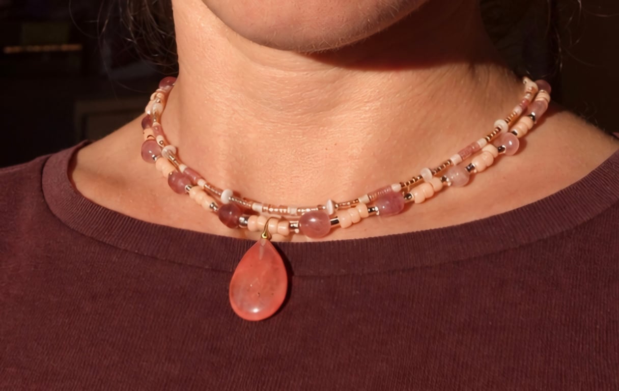 Pink Quartz Necklace with Peach Teardrop Pendant – Handmade Double Strand