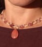 Pink Quartz Necklace with Peach Teardrop Pendant – Handmade Double Strand