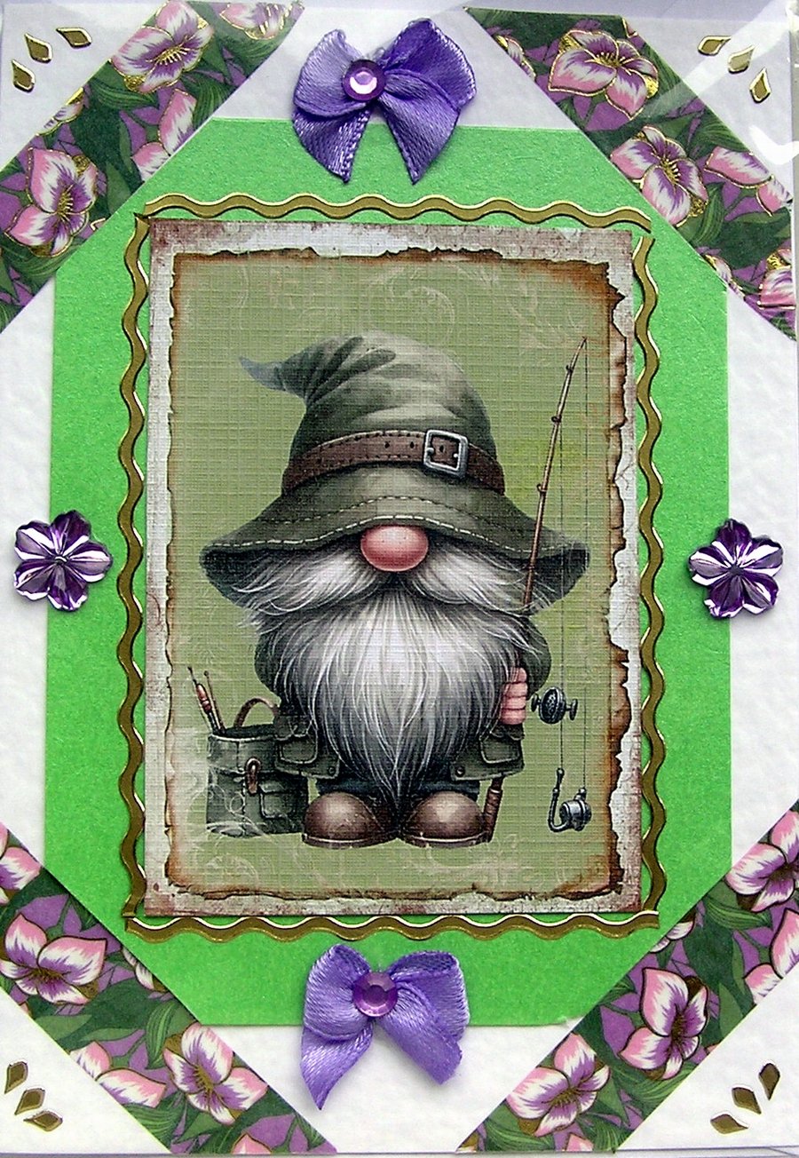 Gnome Hand Crafted Decoupage Card - Blank for any Occasion (2680)
