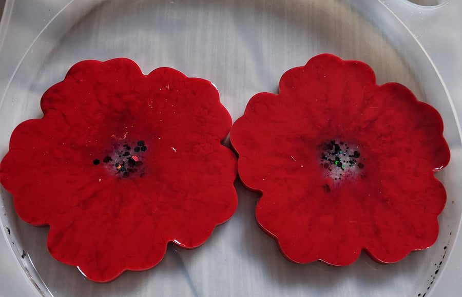 Set of two handmade epoxy resin flower coasters. (Reversible) 