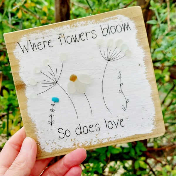 Sea Glass Wildflower Wall Art, Handmade Floral Quote Decor, Rustic Coastal Gift