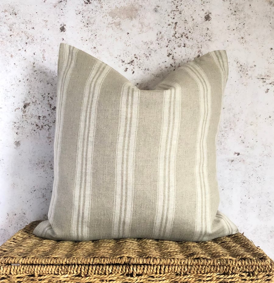 Beige Linen Cushion Cover with White Stripes 16” x 16”