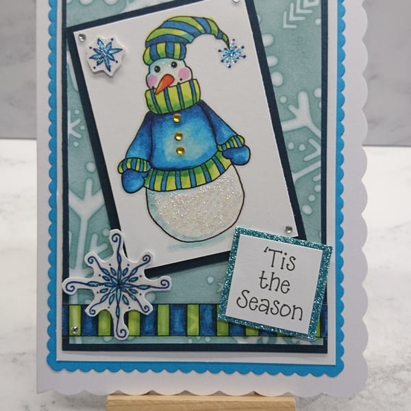 Christmas Card Tis the Season Snowman and Snowflakes 3D Luxury Handmade Card
