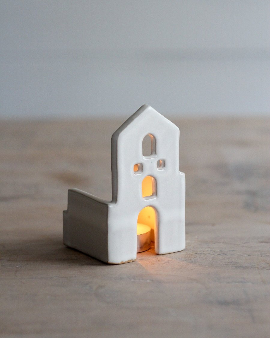 Cornish Tin Mine Tea Light Pottery Ornament - Chalky White - Glaze