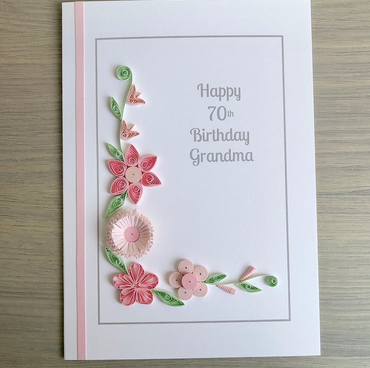 Handmade 70th birthday card with pink quilled f... - Folksy