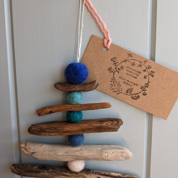 Christmas Tree Driftwood and Felt Hanging Tree Decoration