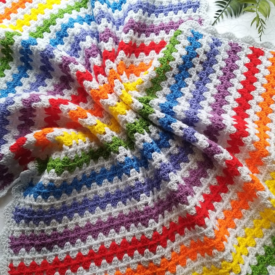  Crochet Blanket Rainbow Granny Stripe 