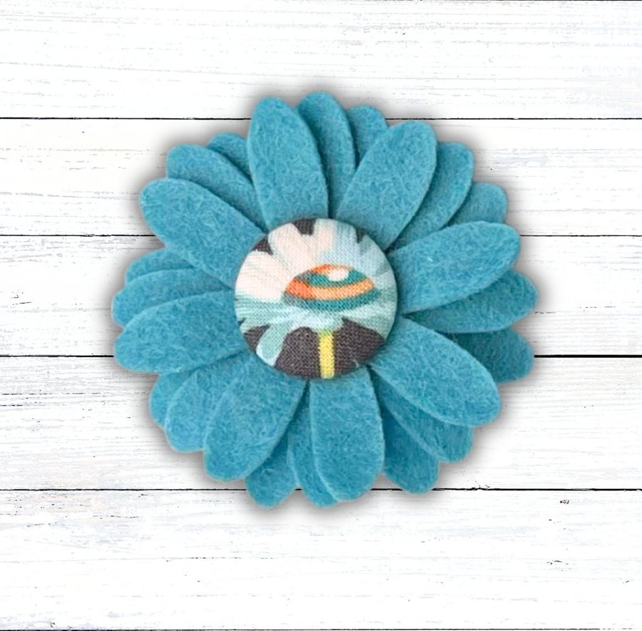 Handmade Felt Turquoise Flower Brooch with Fabric Button Centre, Christmas Gift