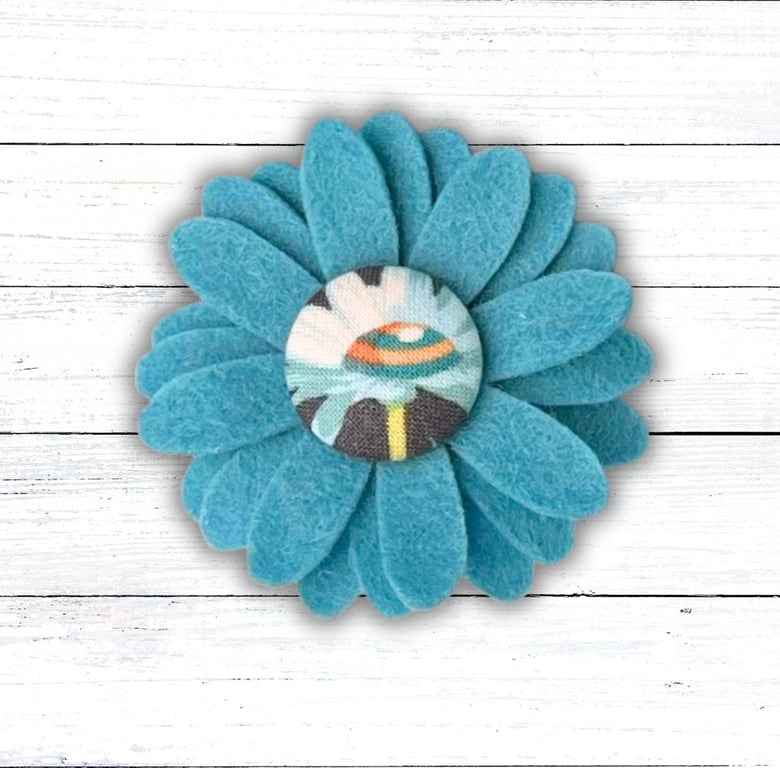 Handmade Felt Turquoise Flower Brooch with Fabric Button Centre, Christmas Gift