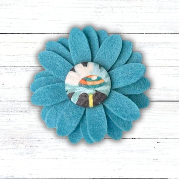 Handmade Felt Turquoise Flower Brooch, Eco Friendly Upcycled Fabric, Gift Boxed