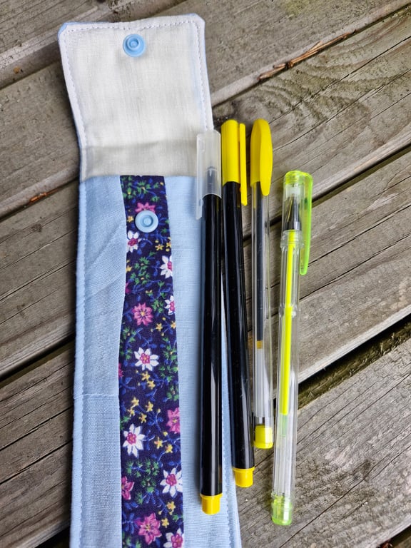 Blue and floral Pen case with 4 yellow pens ideal stocking filler