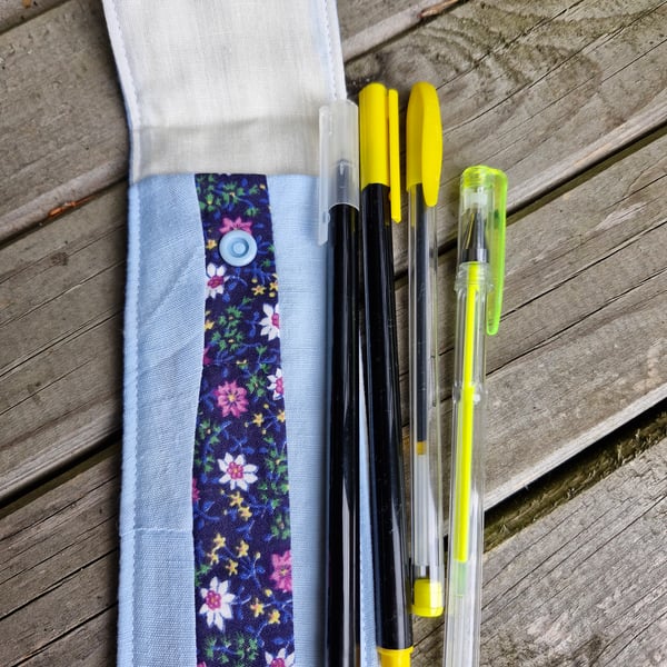 Blue and floral Pen case with 4 yellow pens ideal stocking filler