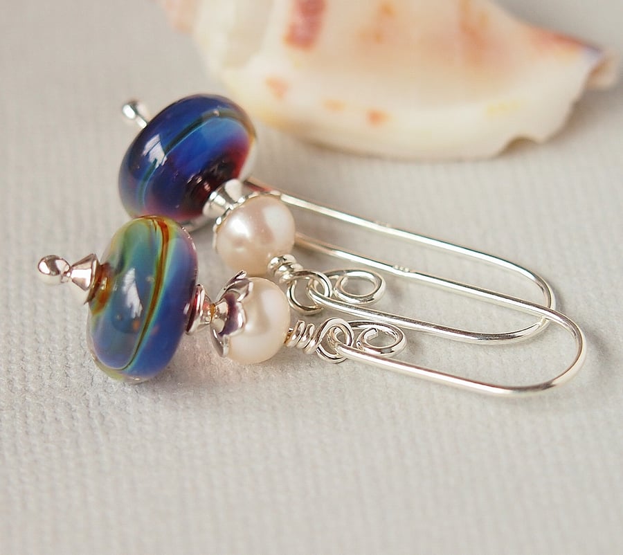 Blue Lampwork Earrings, Freshwater Pearl, Glass Bead Earrings, Sterling Silver 
