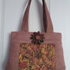 Pinky Beige Chenille Handbag with Oriental Chrysanthemum Print Panel