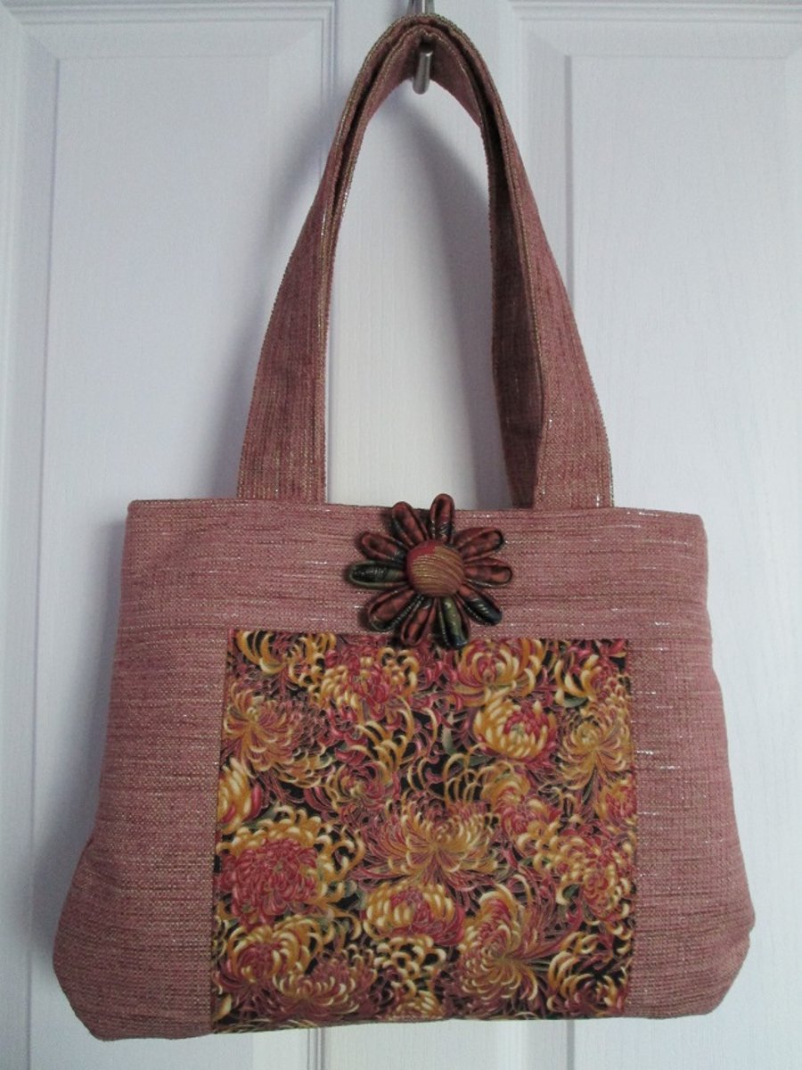 Pinky Beige Chenille Handbag with Oriental Chrysanthemum Print Panel