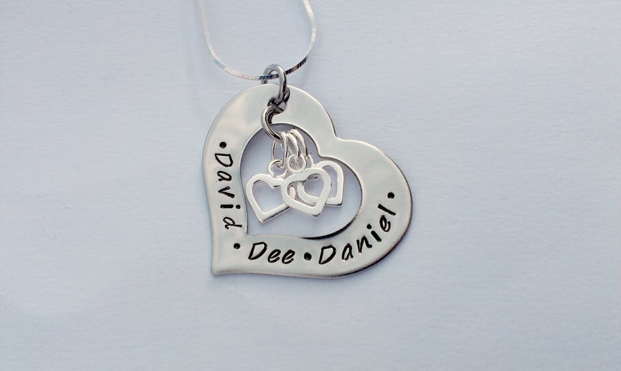 Hand Stamped personalised heart washer name necklace with heart charms