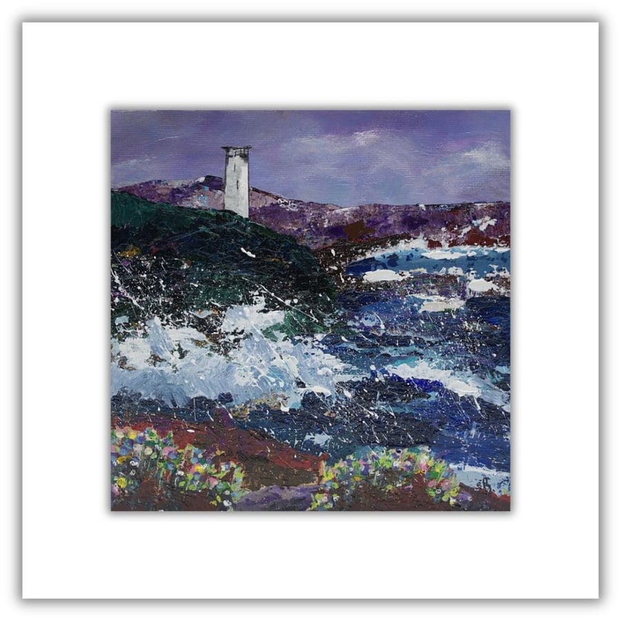 Coast painting - coastal landscape - lighthouse - framed - cliffs - wildflowers