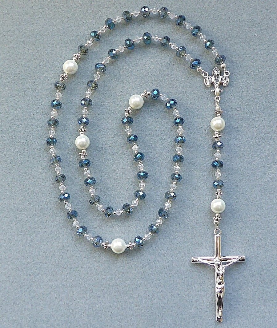 Catholic Dominican Five Decade Blue Czech Glass Crystal Rosary with Shell Pearls