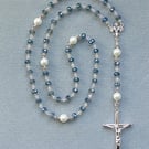 Catholic Dominican Five Decade Blue Czech Glass Crystal Rosary with Shell Pearls