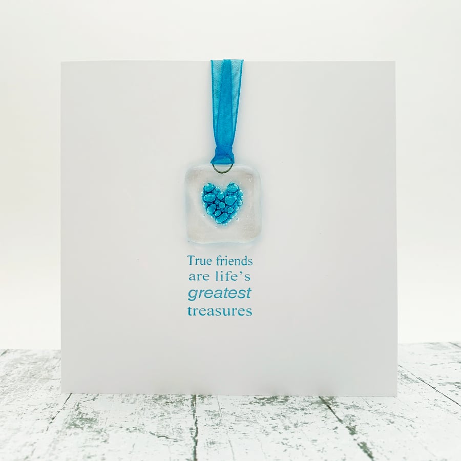 Friends Card with Heart Fused Glass Keepsake Suncatcher