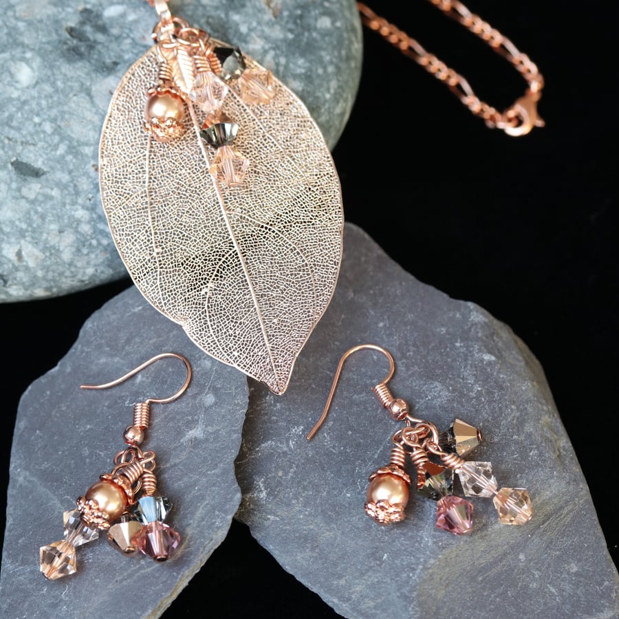 Rose Gold Electroplated Leaf and Swarovski Pendant with Matching Earrings