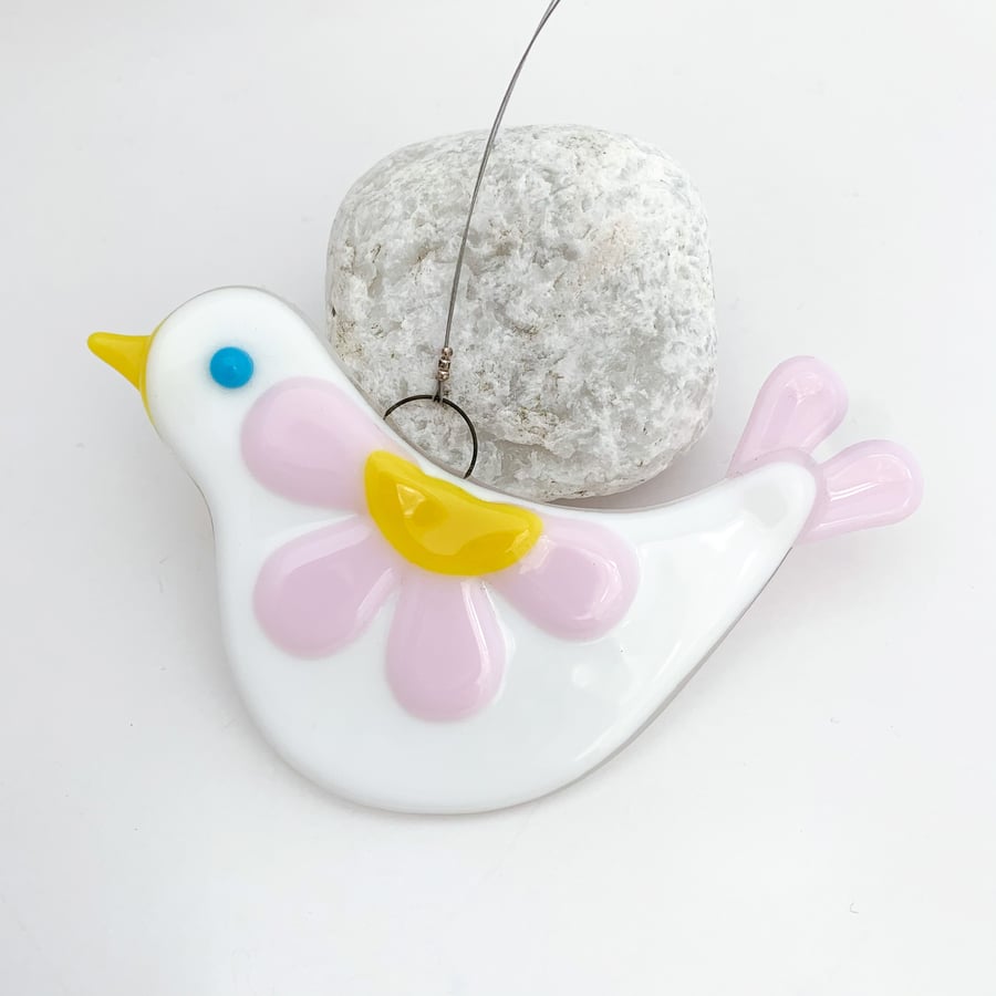 Fused Glass Pink Bird Hanging  - Handmade Glass Decoration