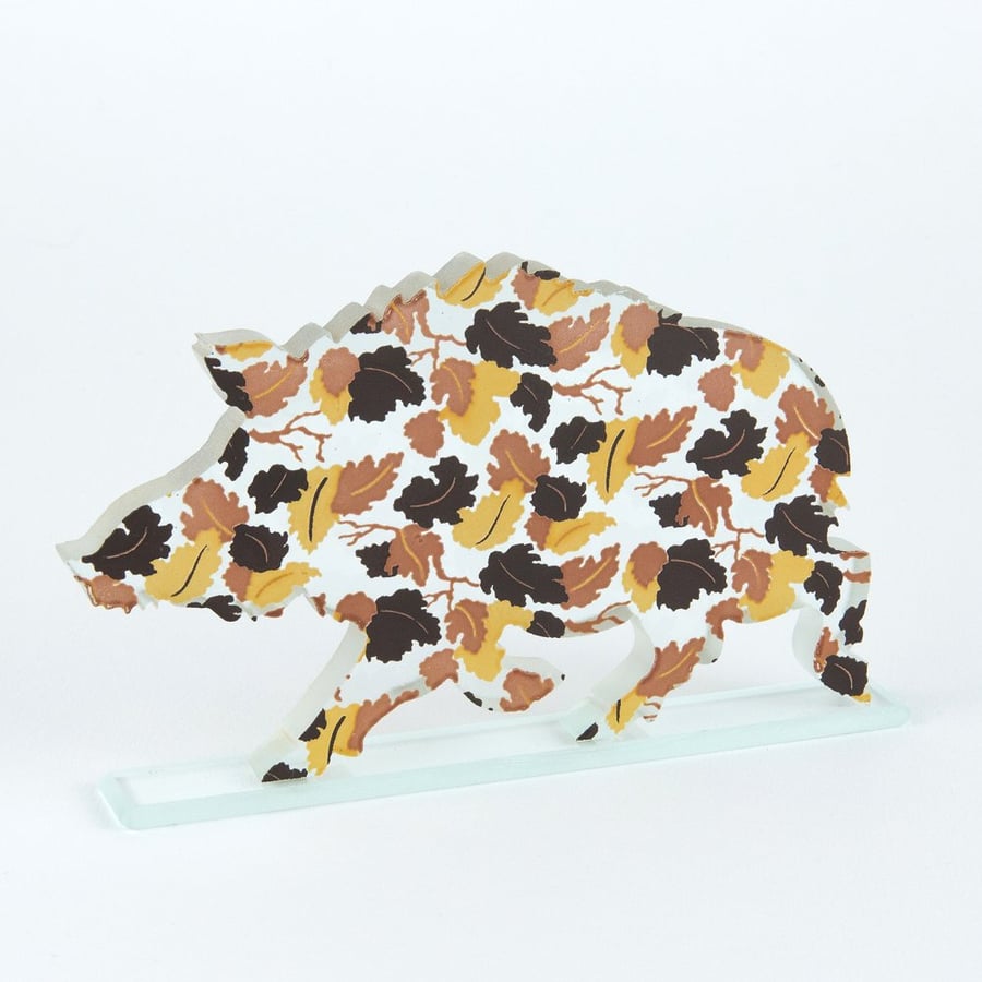 Glass Wild Boar Sculpture with Autumn Leaves 