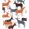 Wandering Donkeys A3 poster-print (orange & brown & blue-grey)