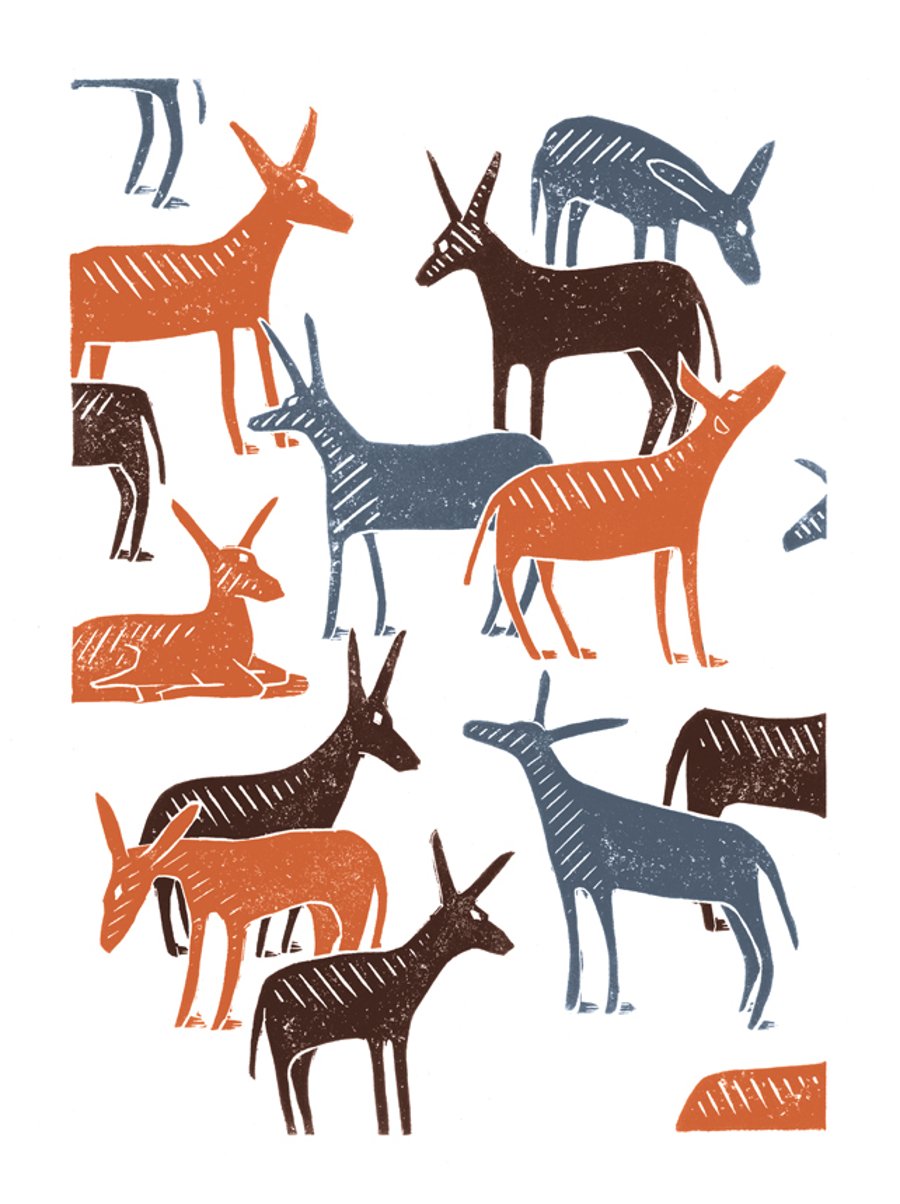 Wandering Donkeys A3 poster-print (orange & brown & blue-grey)