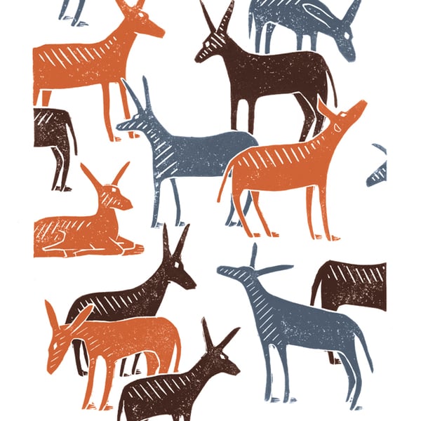 Wandering Donkeys A3 poster-print (orange & brown & blue-grey)