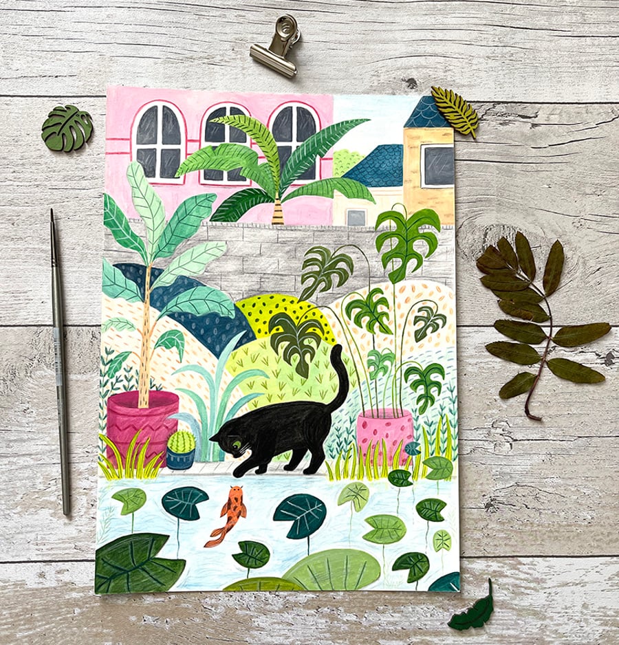 Original Black Cat and Fish Pond painting - Gouache Painting - One of a kind