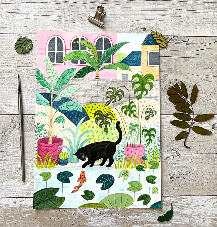 Original Black Cat and Fish Pond painting - Gouache Painting - One of a kind