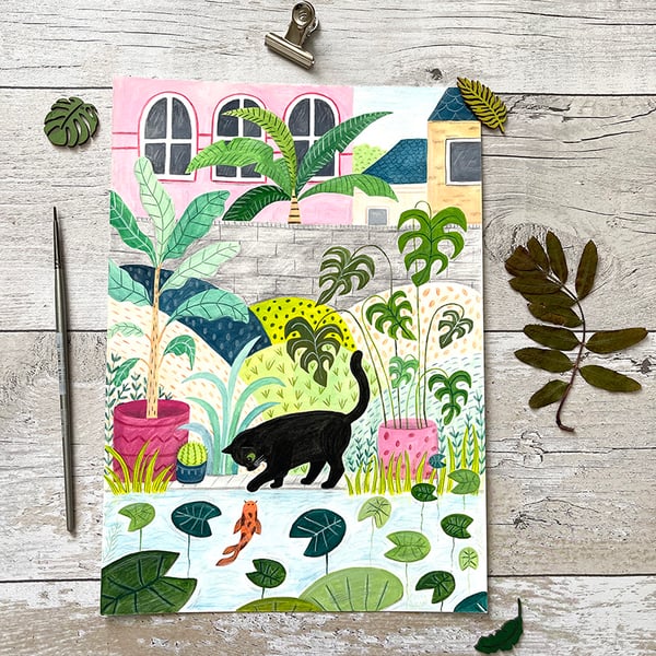 Original Black Cat and Fish Pond painting - Gouache Painting - One of a kind