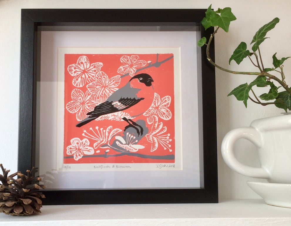 Bullfinch & Blossom Linocut