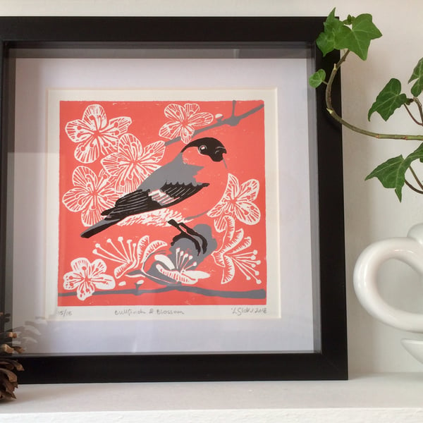 Bullfinch & Blossom Linocut