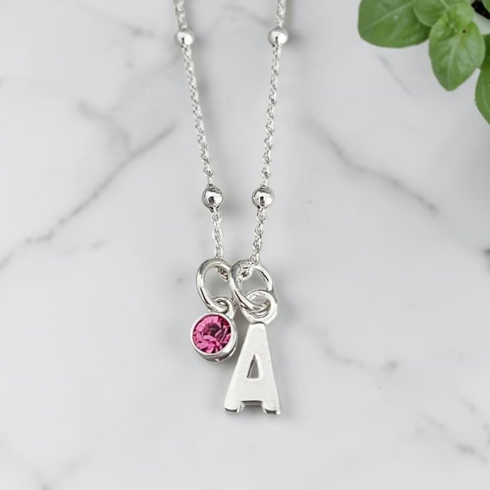 Sterling Silver Personalised Necklace Initial and Birthstone Charm Necklace 