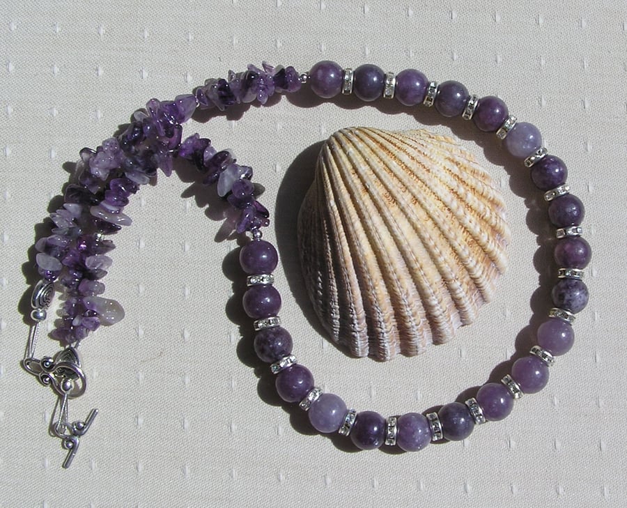 Purple Lepidolite & Amethyst Crystal Gemstone Chakra Necklace "Heather Dew"