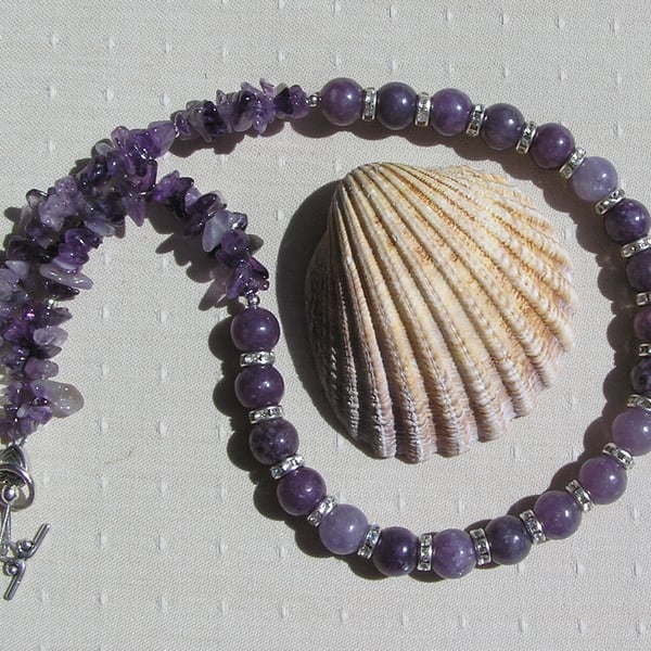 Purple Lepidolite & Amethyst Crystal Gemstone Chakra Necklace "Heather Dew"