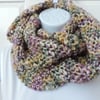  Infinity Scarf  Knitted in Green Pink Cream and Mustard Chunky Yarn