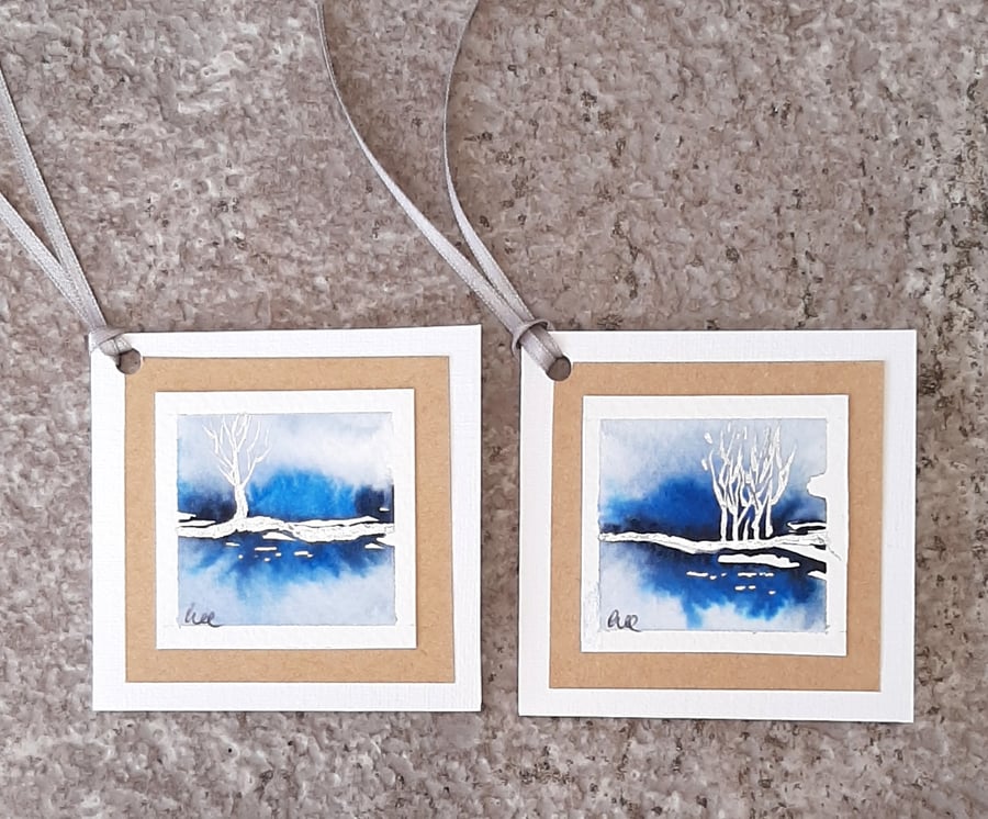 Sapphire Blue And Silver Handpainted Gift Tags. Pack Of Two. Card Style. 