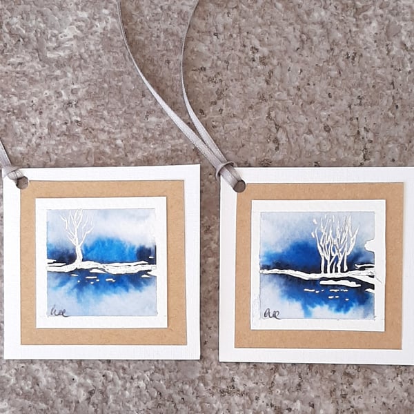 Sapphire Blue And Silver Handpainted Gift Tags. Pack Of Two. Card Style. 