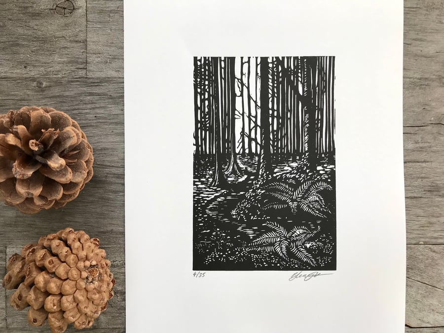 Pine Forest: by Suffolk printmaker Beth Knight. Original, hand pressed lino cut 